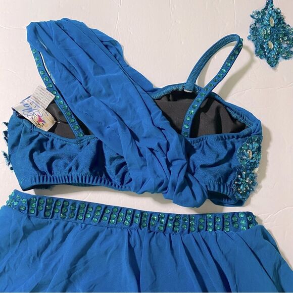 Glamour solo 2 piece dance costume teal blue lyrical embellished bling MA adult - Picture 9 of 11